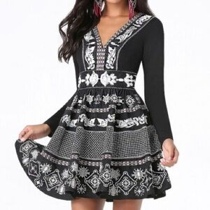 Bebe Black Embroidered Beaded Sequin Fit and Flare Long Sleeve Dress